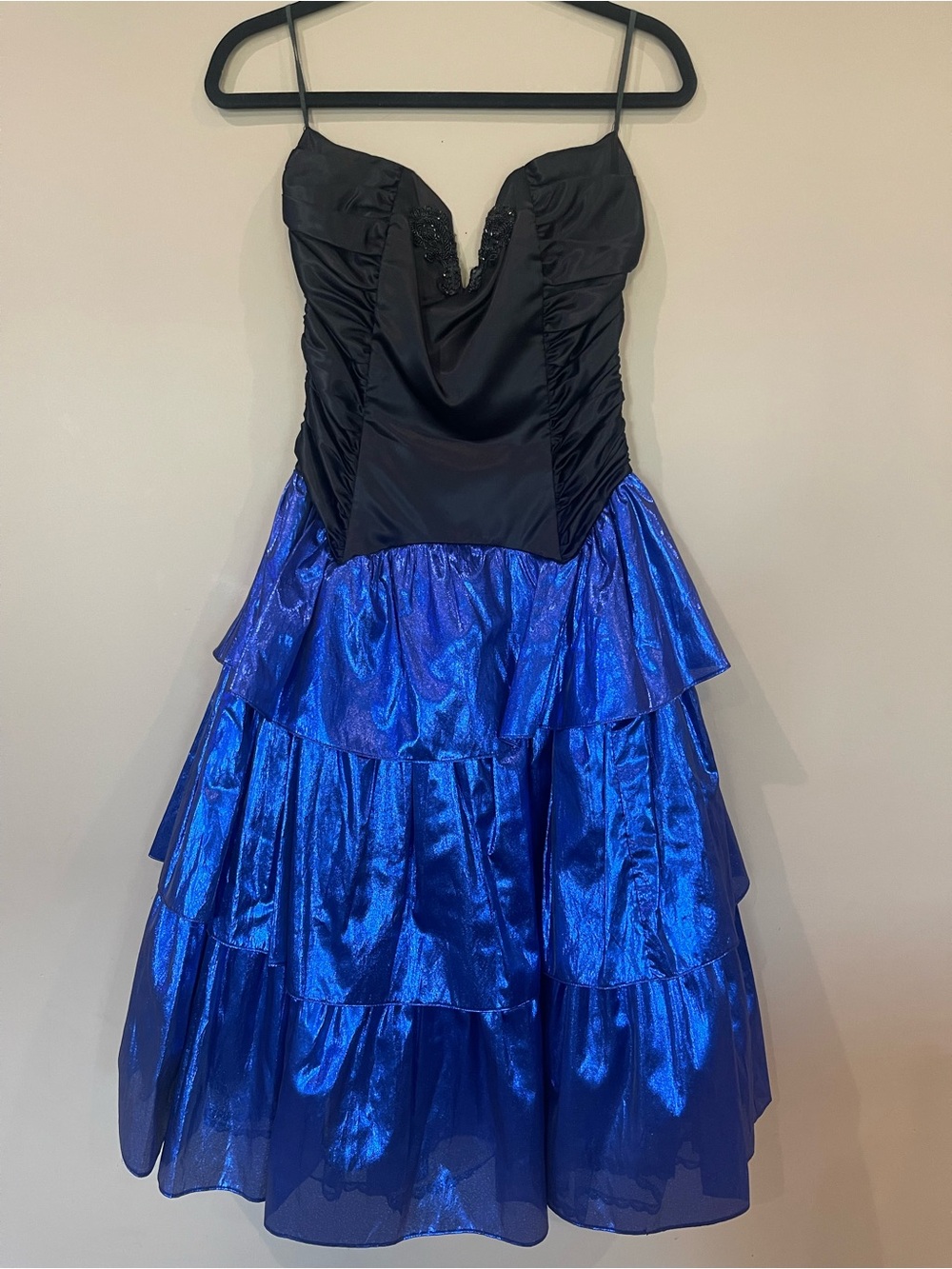 Vintage Gunne Sax Strapless Black and Royal Blue Tiered Cocktail Dress